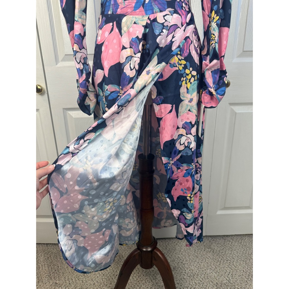 NWT For Love & Lemons Victoria Satin Floral Midi Dress Navy Pink Long Sleeve M - Picture 7 of 13